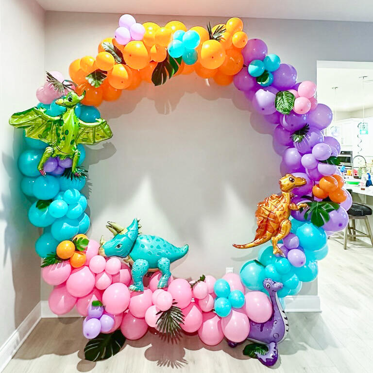 balloon hoop with bright colors and dinosaur accents