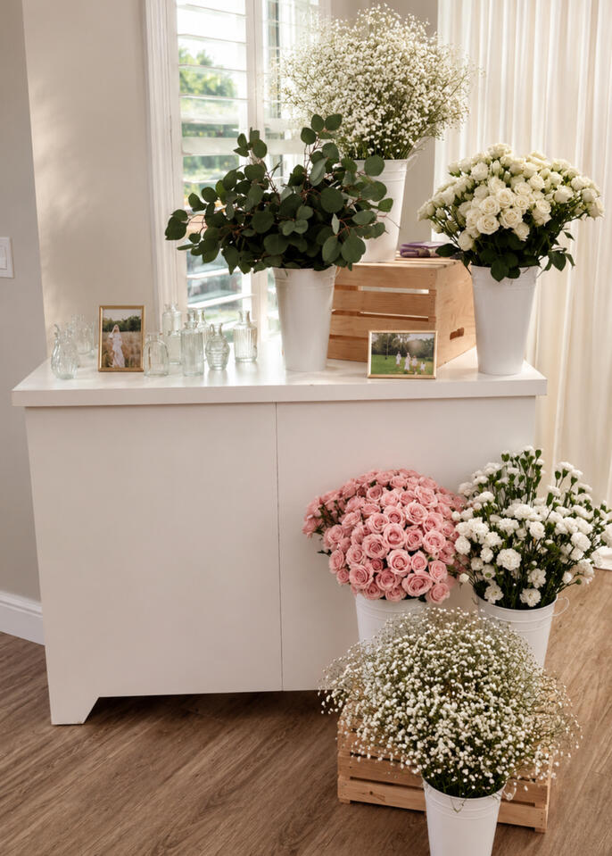 Custom floral-inspired bloom bar featuring layered styling elements, fresh florals, and elevated event décor for an unforgettable guest experience.