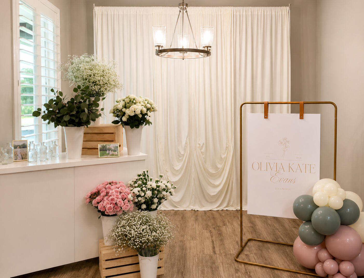 Luxury Bloom Bar Experience Soft draping, floral styling, and custom signage combined to create a refined focal point for bridal showers, baby showers, and special celebrations. | Groveland, FL