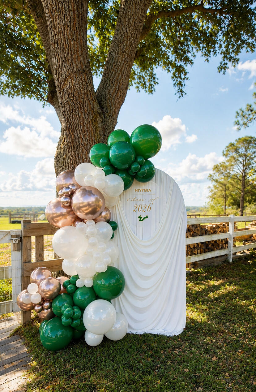 A modern draped backdrop accented with premium balloons and personalized signage, designed to celebrate academic achievements in style. | Montverde FL